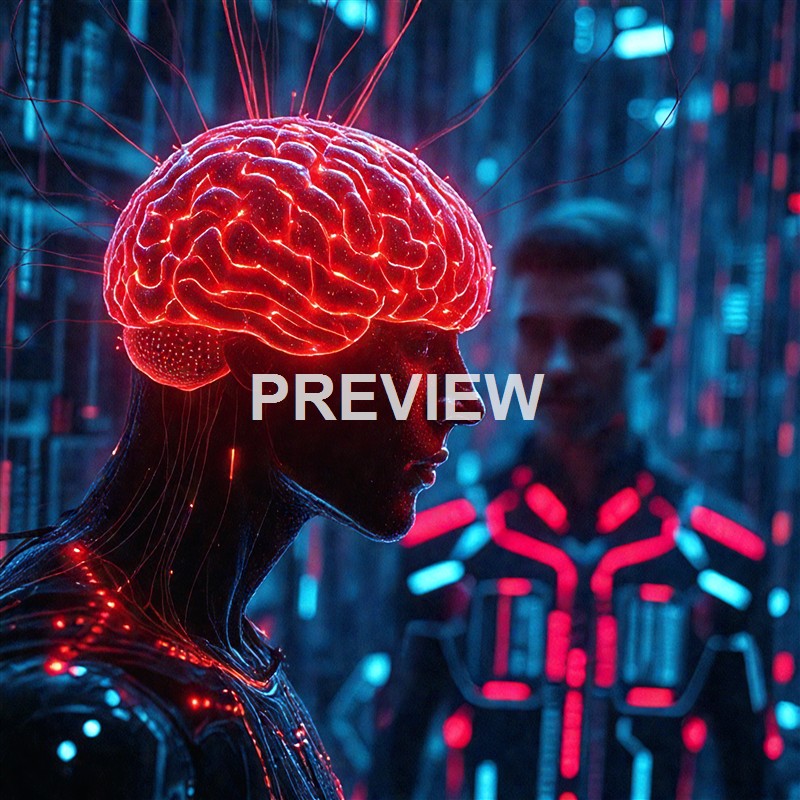 A futuristic digital artwork featuring a human figure with a glowing, neon-lit brain exposed inside the head, set against a high-tech background with another figure in the distance.